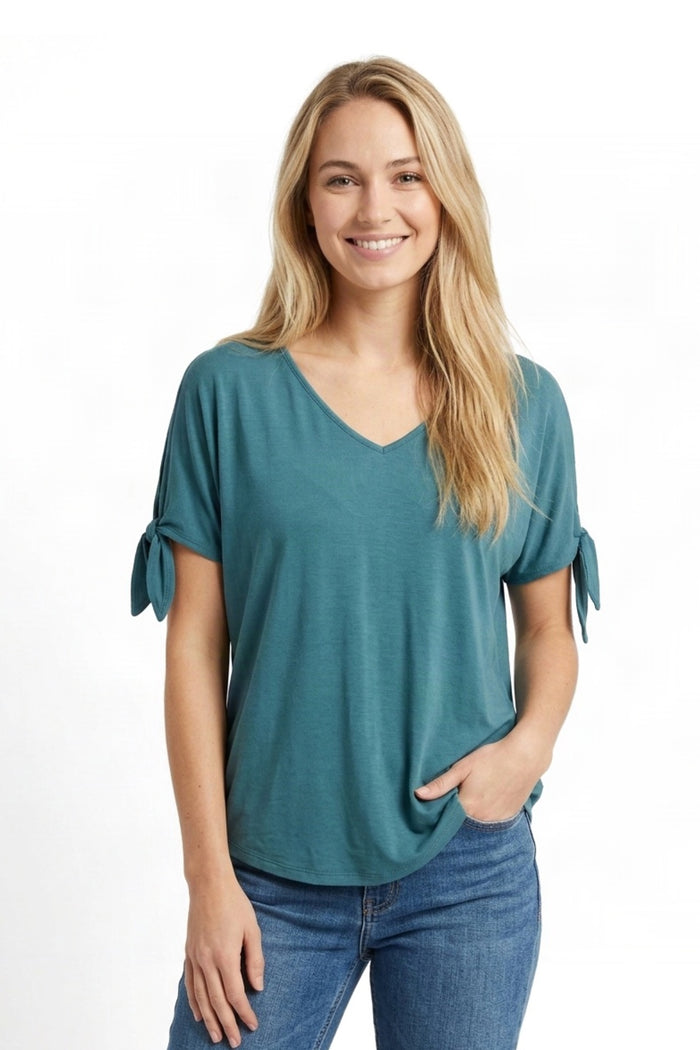 Women's Teal Micro Rib V-Neck Cold Shoulder Tie Sleeve Top
