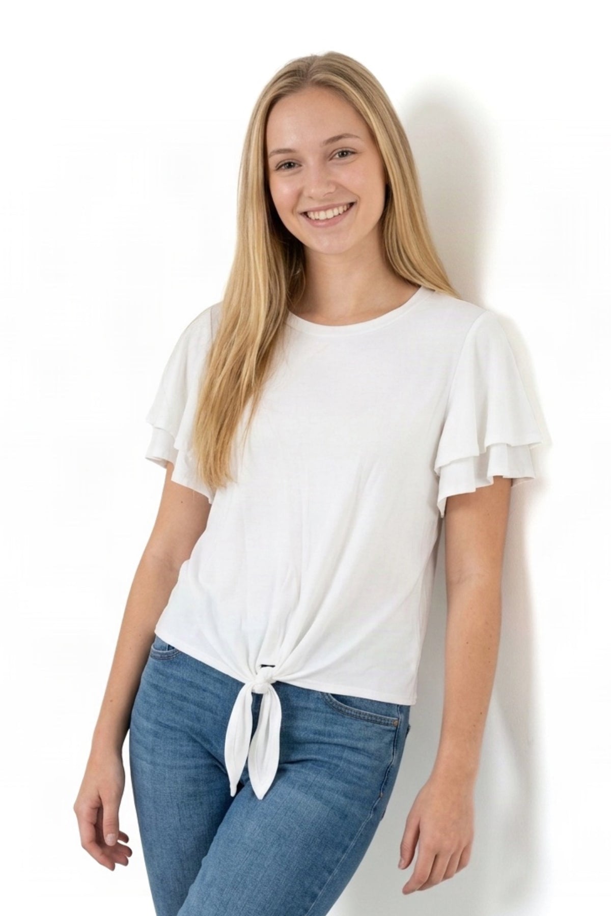 Women's Ivory Modal Poly Ruffle Sleeve Tie Front Top