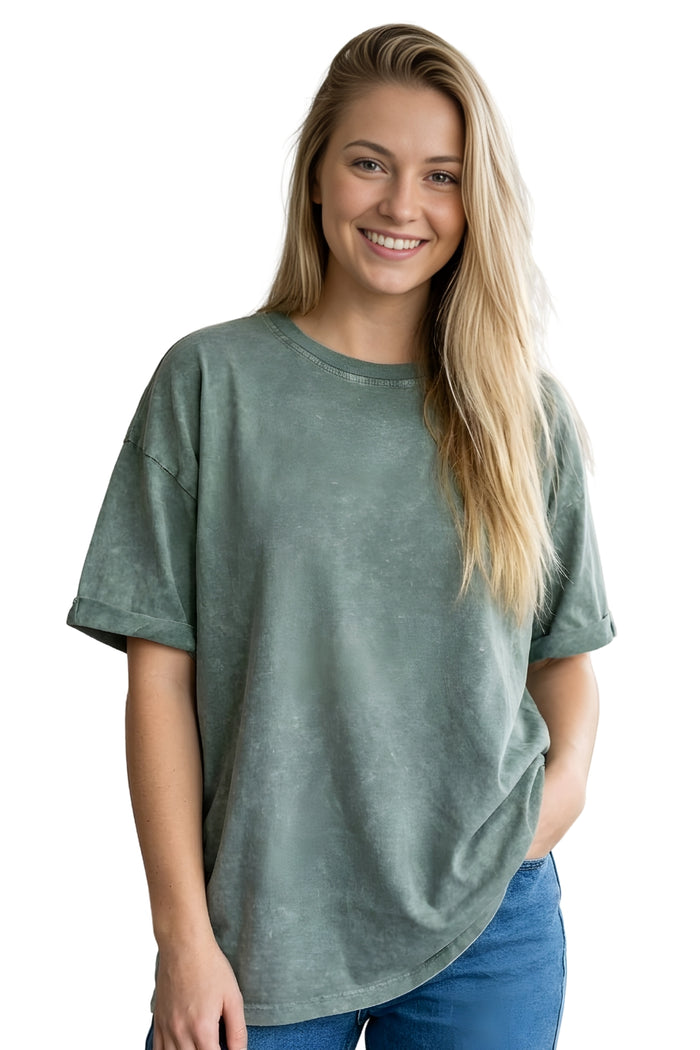 Women's Short Sleeved Round Neck Acid Wash Top