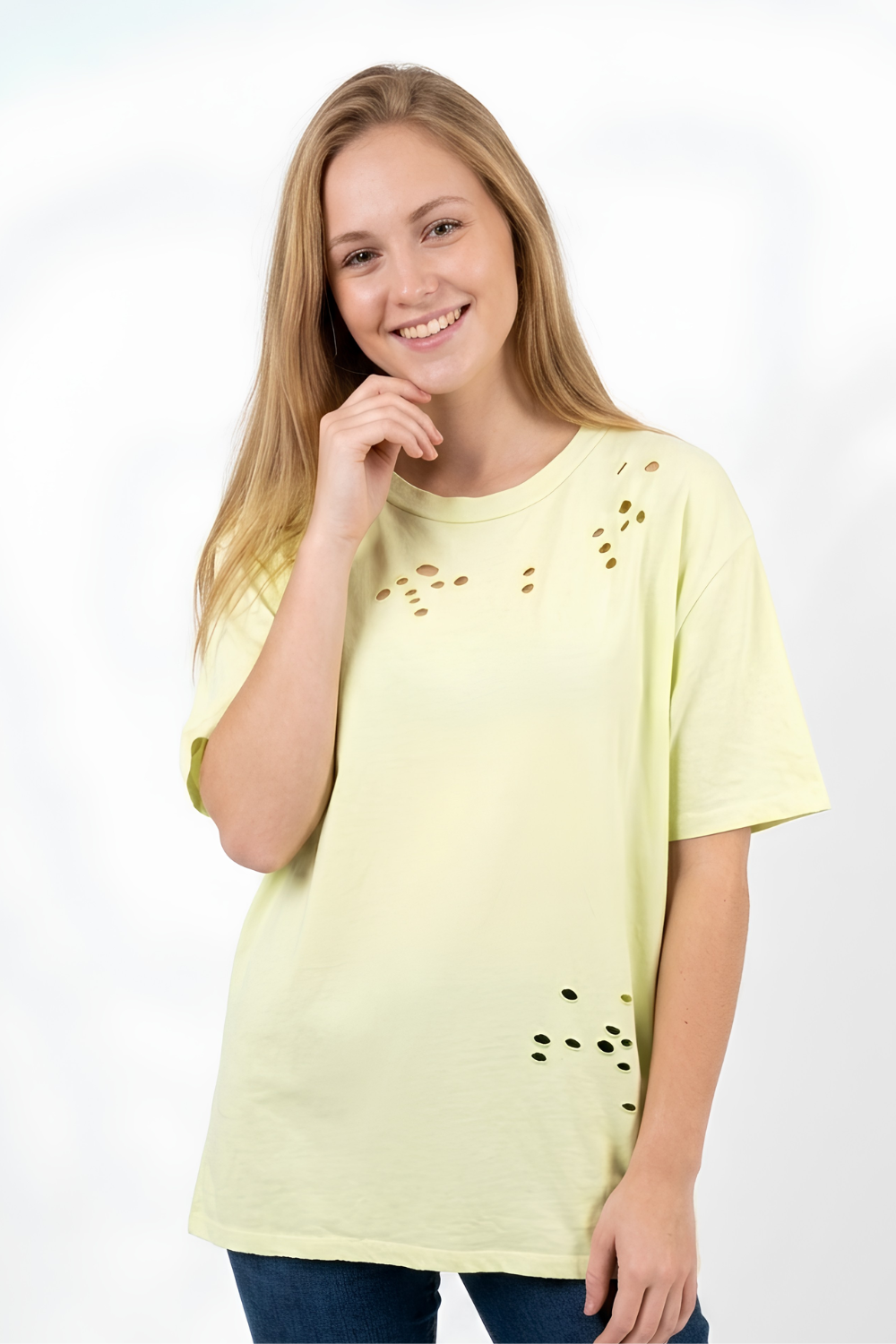 Women's Short Sleeved Round Neck Distressed Top