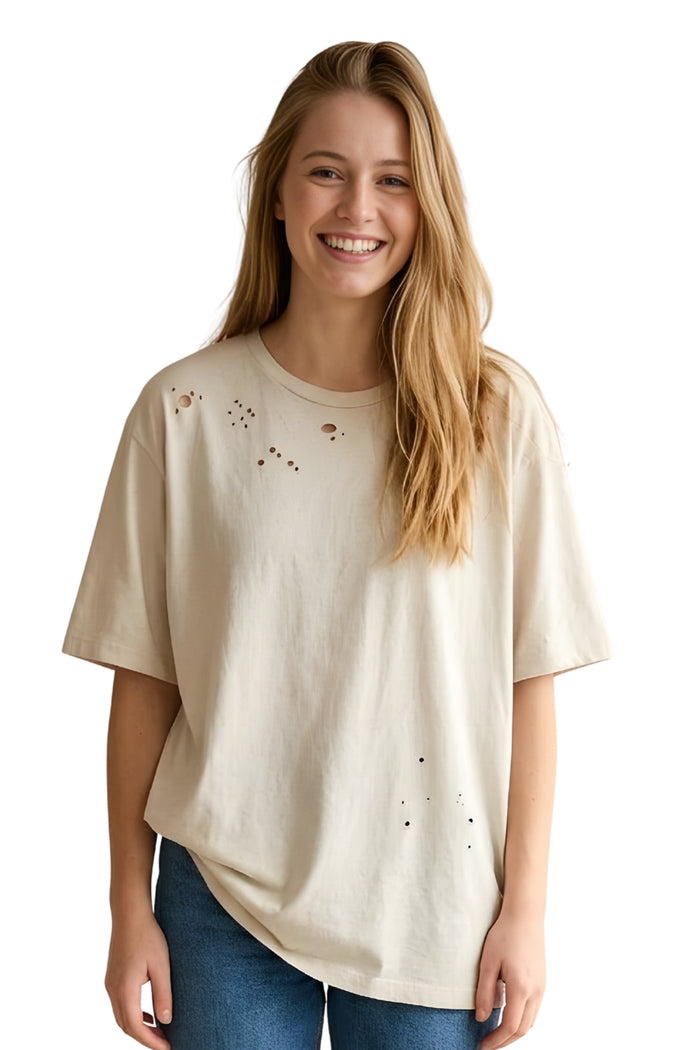 Women's Short Sleeved Round Neck Distressed Top