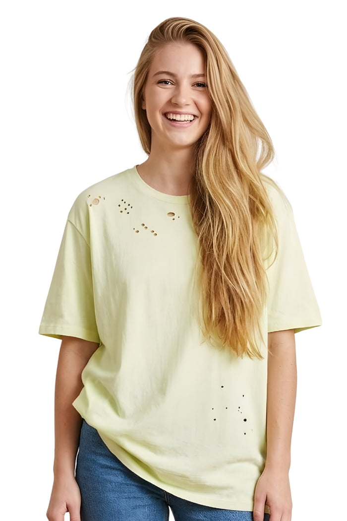 Women's Short Sleeved Round Neck Distressed Top