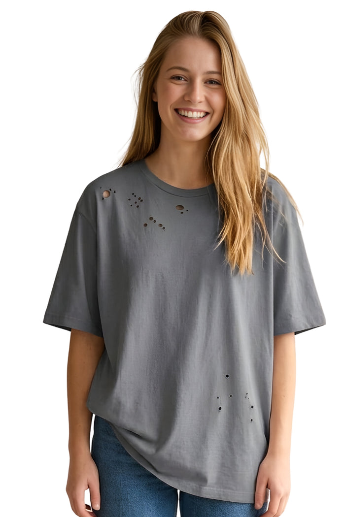 Women's Short Sleeved Round Neck Distressed Top
