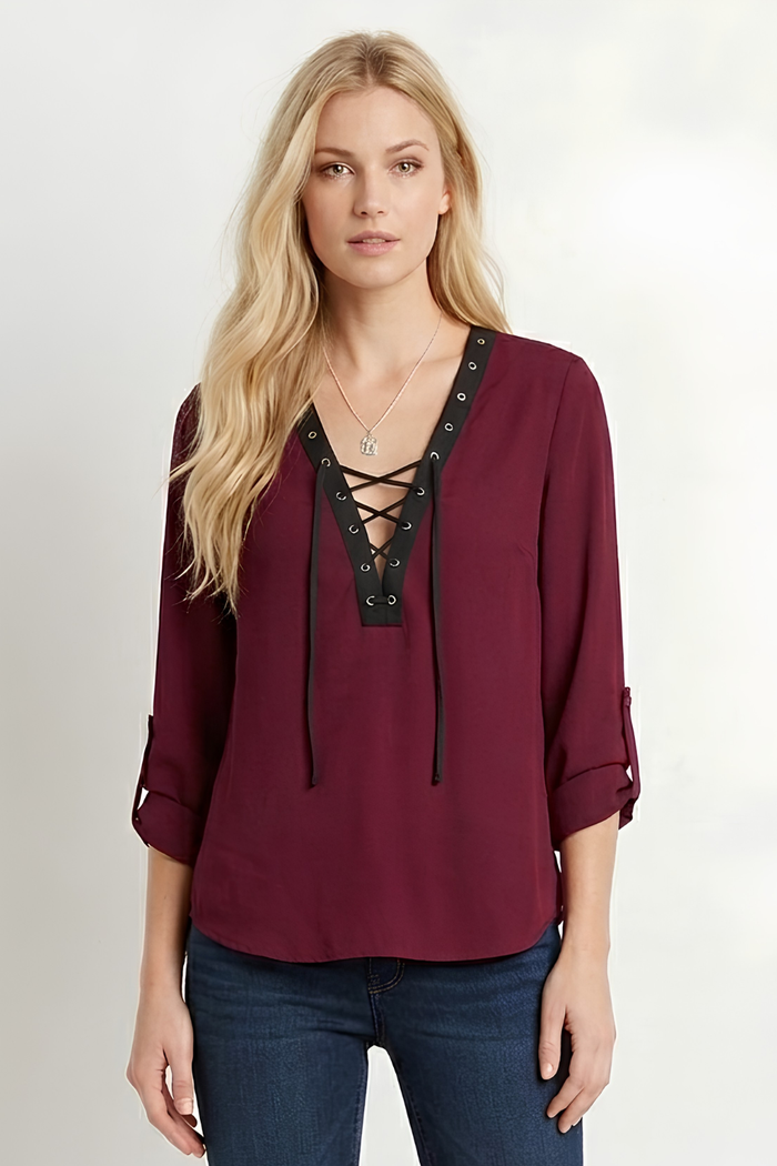 Women's Long Sleeve Lace-Up Two Toned Blouse