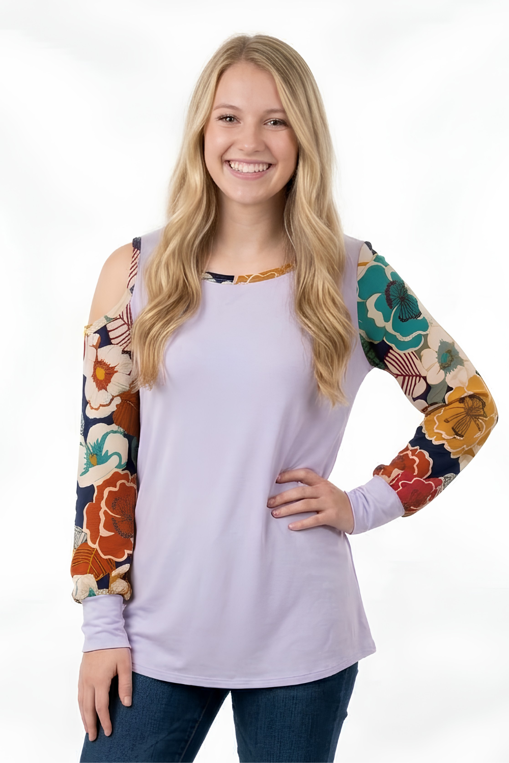 Women's Long Sleeve Printed Crew Neck Cutout Top