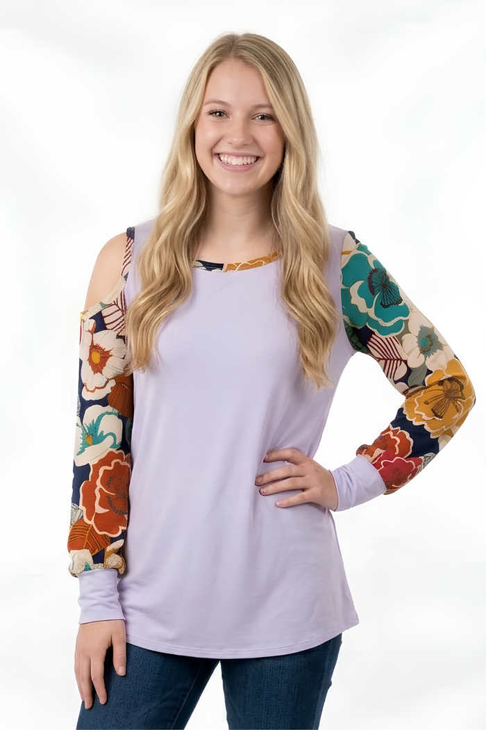 Women's Long Sleeve Printed Crew Neck Cutout Top