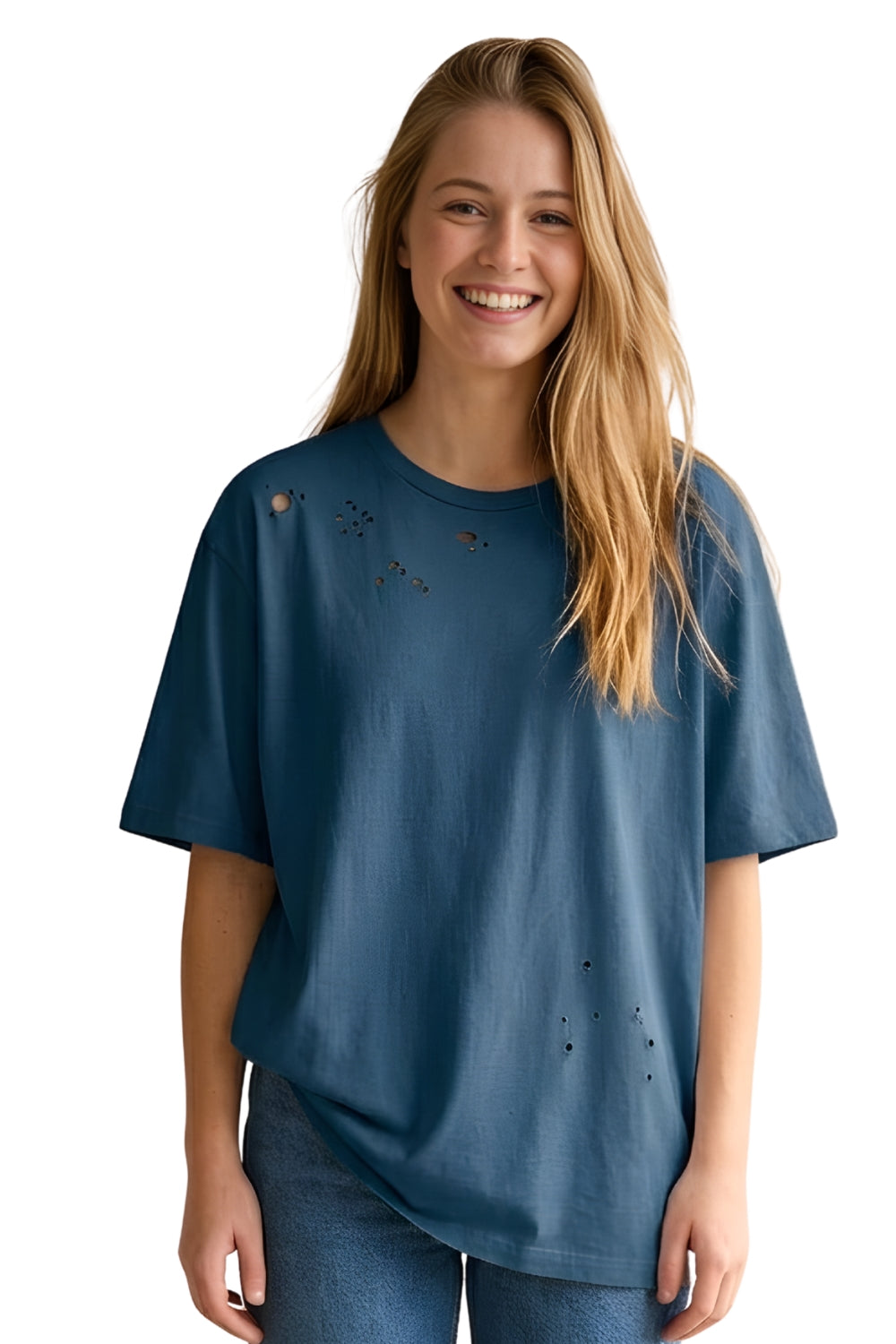 Women's Short Sleeved Round Neck Distressed Top