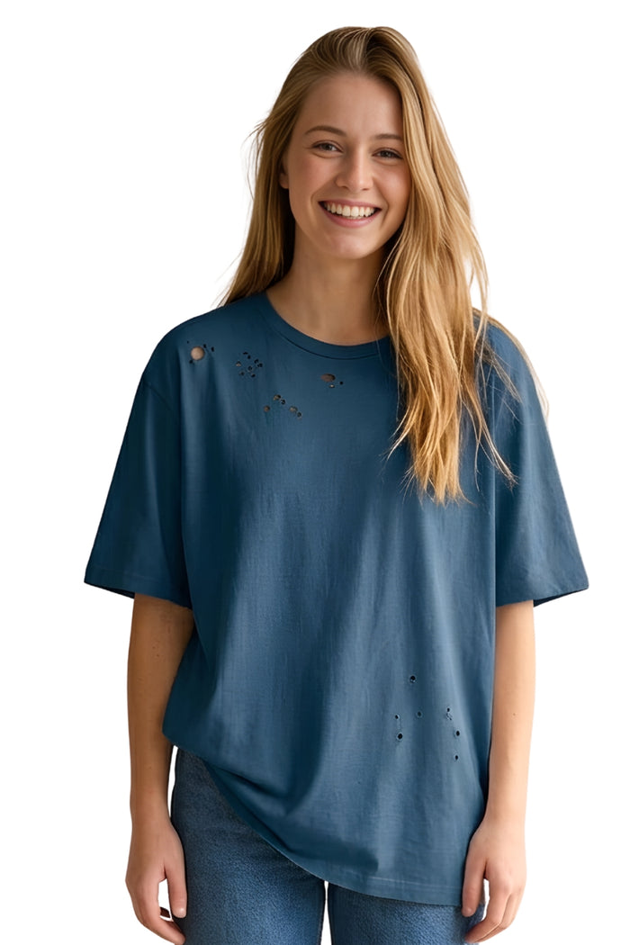 Women's Short Sleeved Round Neck Distressed Top