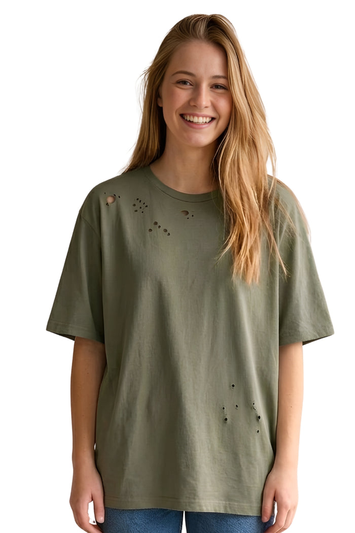 Women's Short Sleeved Round Neck Distressed Top