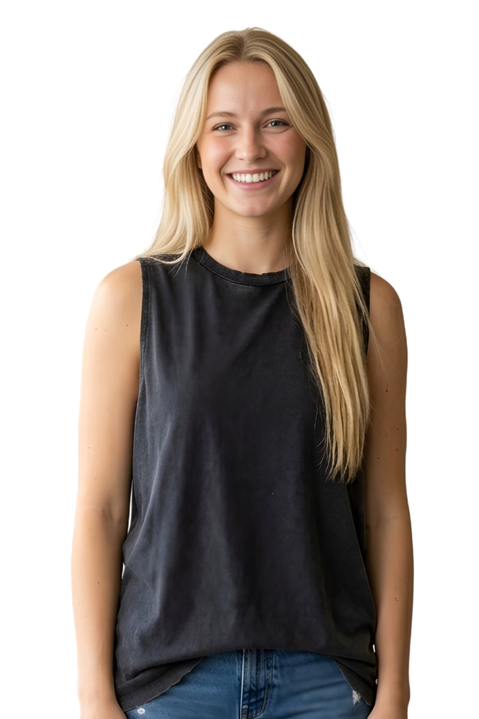 Women's Sleeveless Round Neck Washed Tank Top