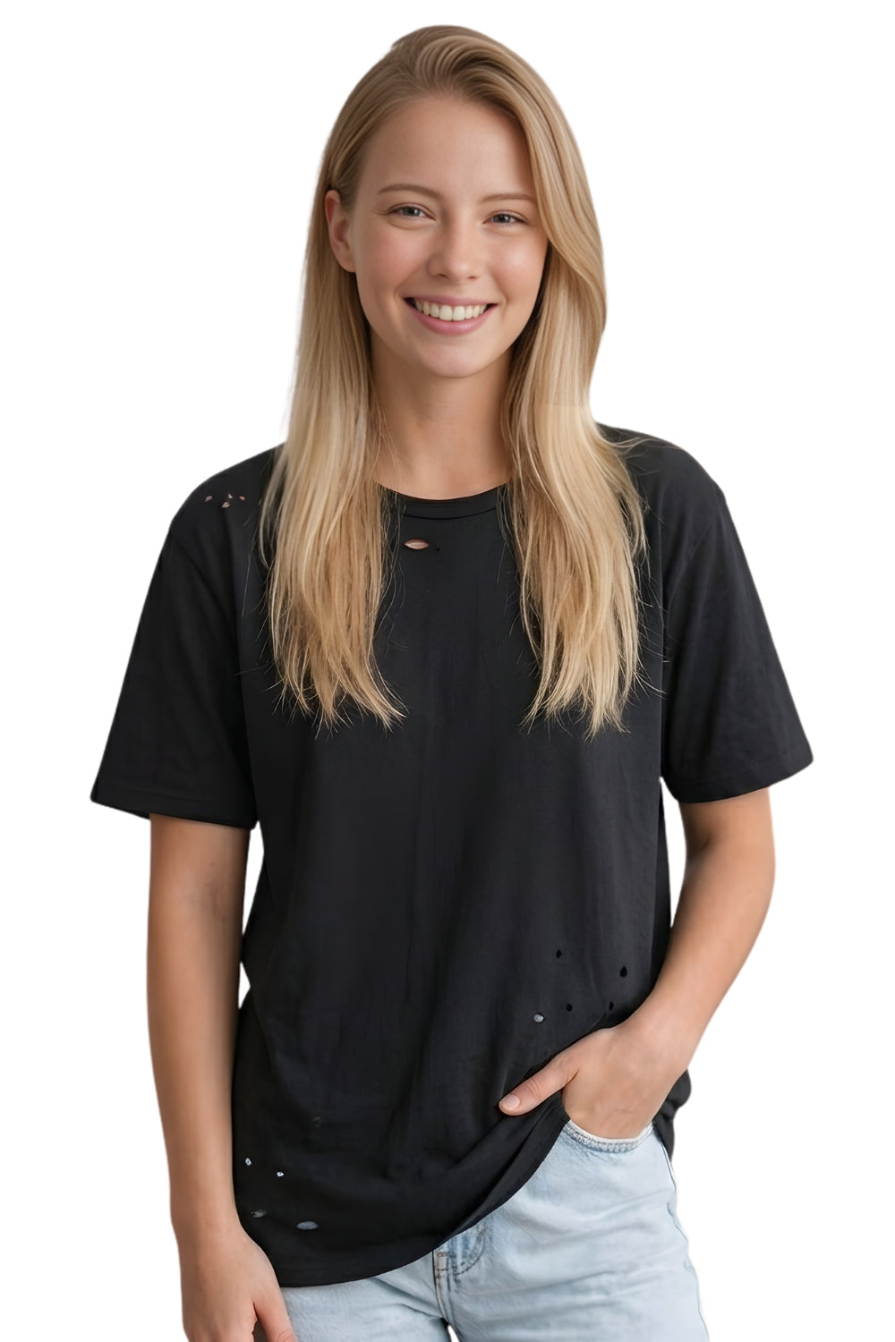 Women's Short Sleeved Round Neck Distressed Top