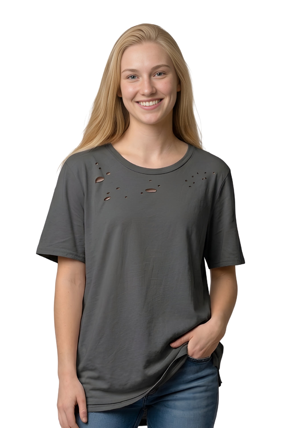 Women's Short Sleeved Distressed Top