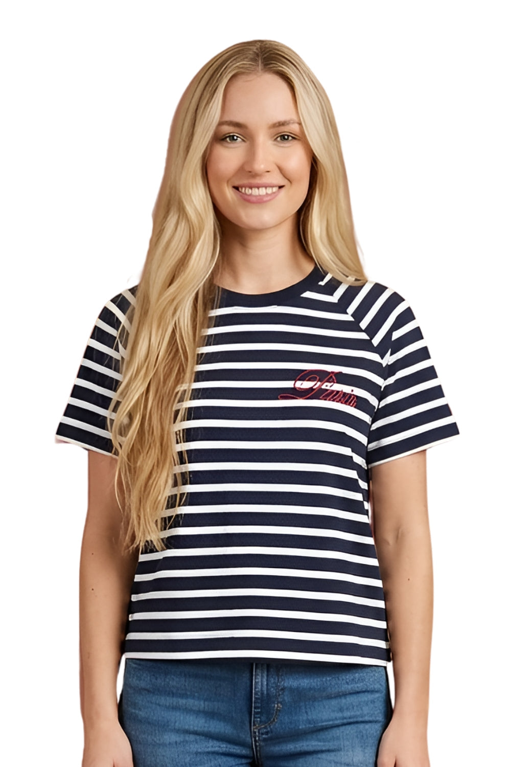 Women's Short Sleeved Striped Embroidered Patch Top