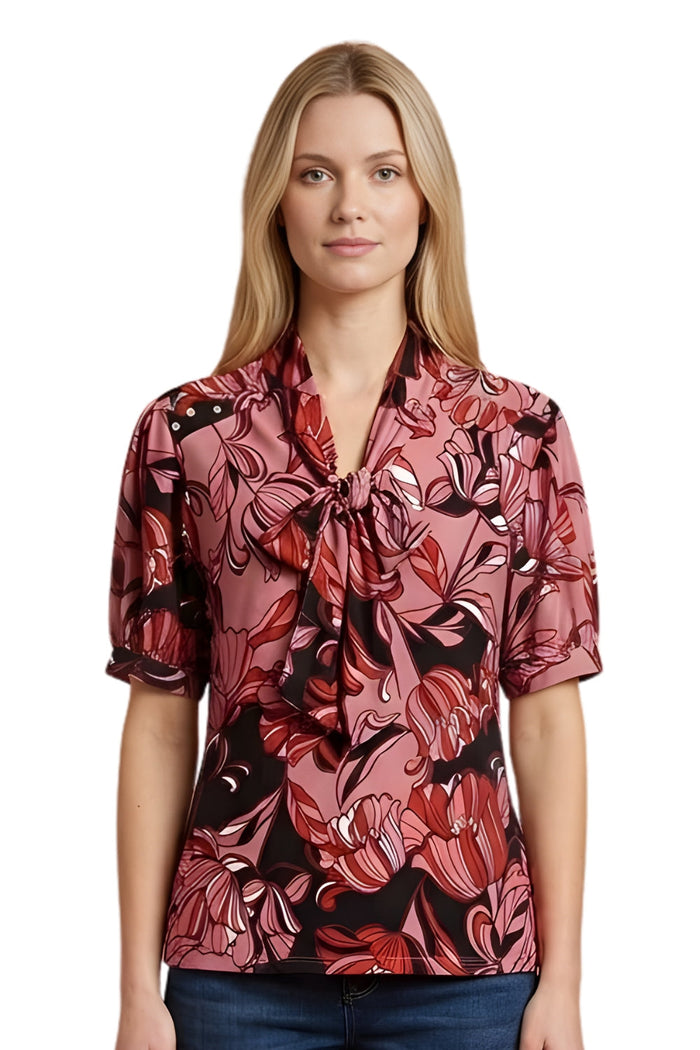 Women's Short Sleeved Bow Tie Printed Blouse Top