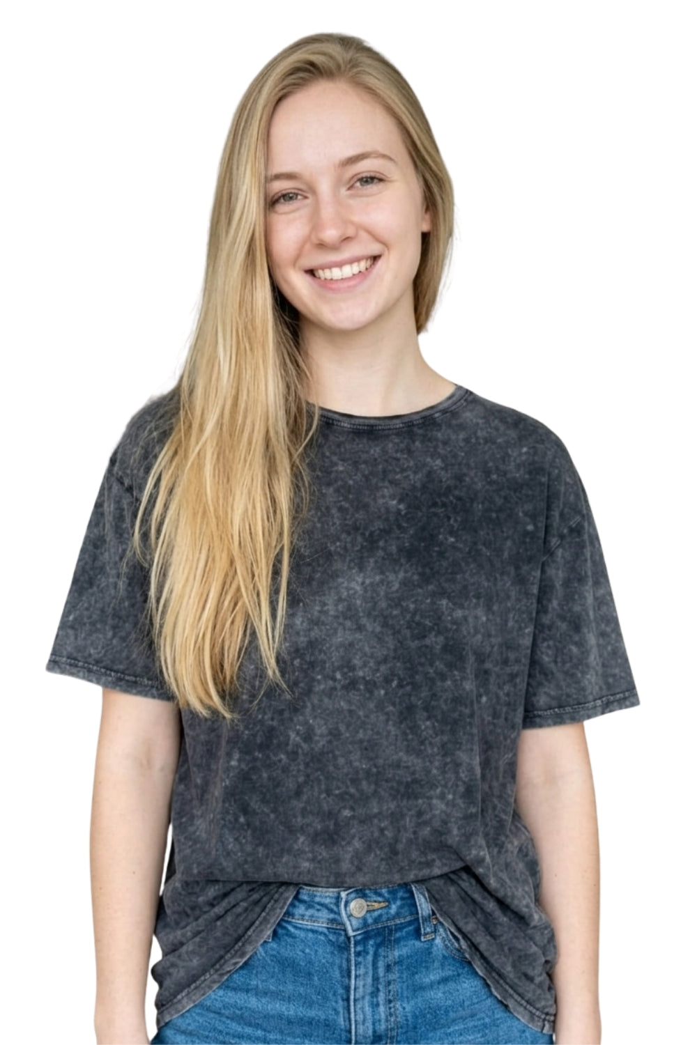 Women's Short Sleeved Round Neck Acid Wash Top