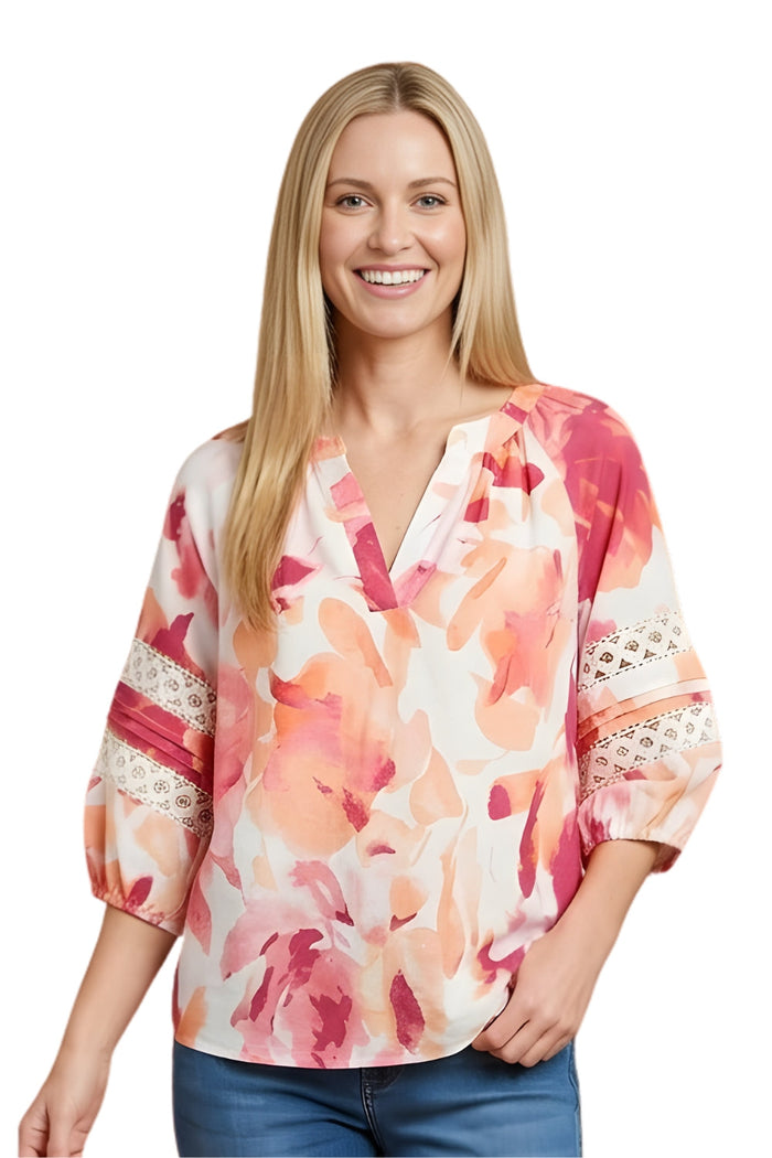 Women's 3/4 Sleeves V-neck Floral Blouse Top