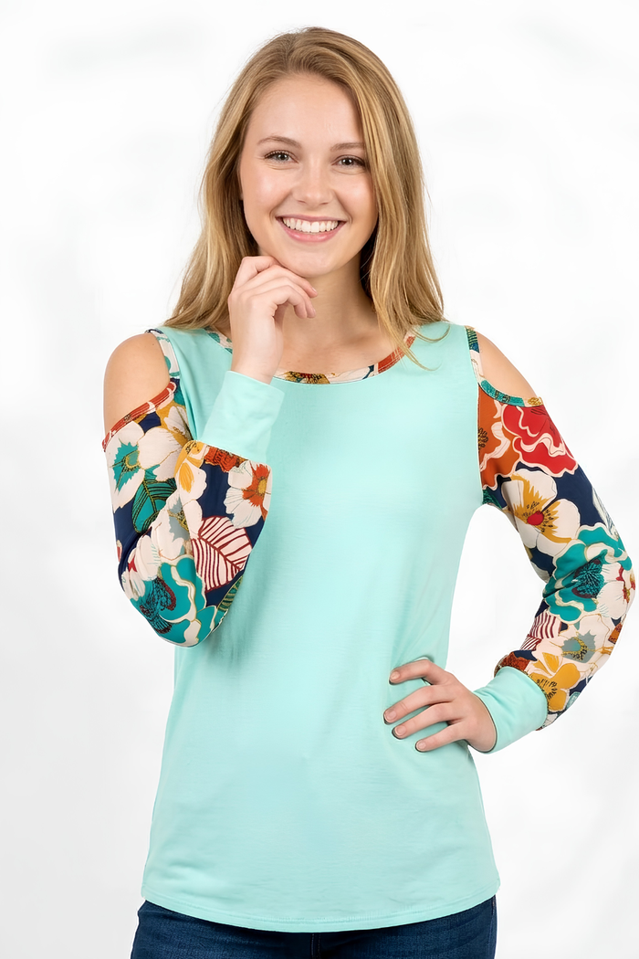 Women's Long Sleeve Printed Crew Neck Cutout Top