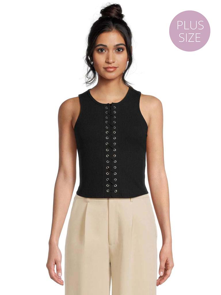 Women's Plus Sleeveless Drawstring Front Solid Top
