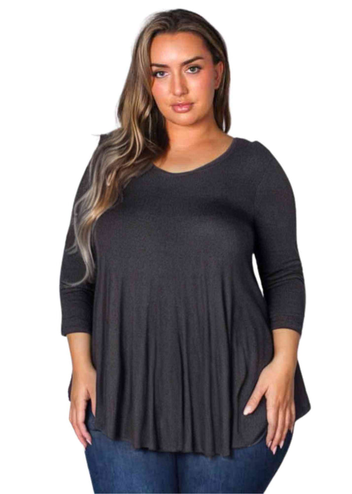 Women's Plus 3/4 Sleeve Scoop Neck Ruffle Solid Top