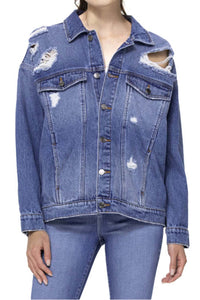 Women's Long Sleeve Oversized Distressed Denim Jacket