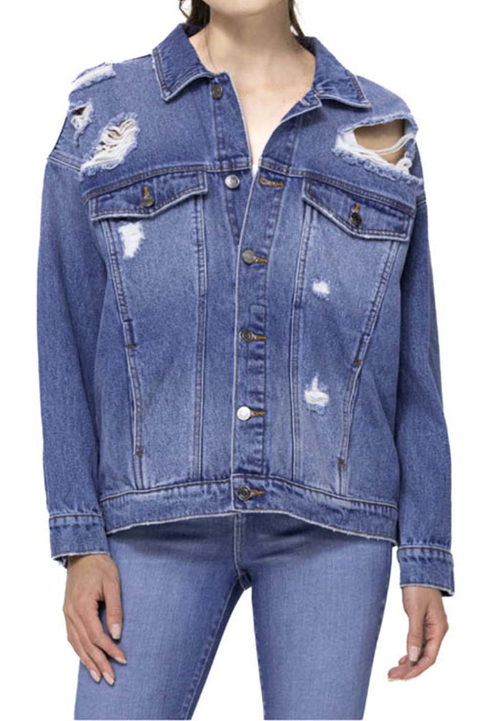 Women's Long Sleeve Oversized Distressed Denim Jacket