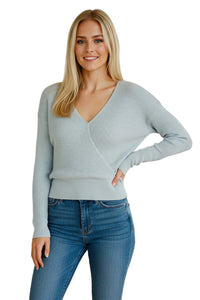 Women's Long Sleeve Faux Wrap Ribbed Knit Sweater Top