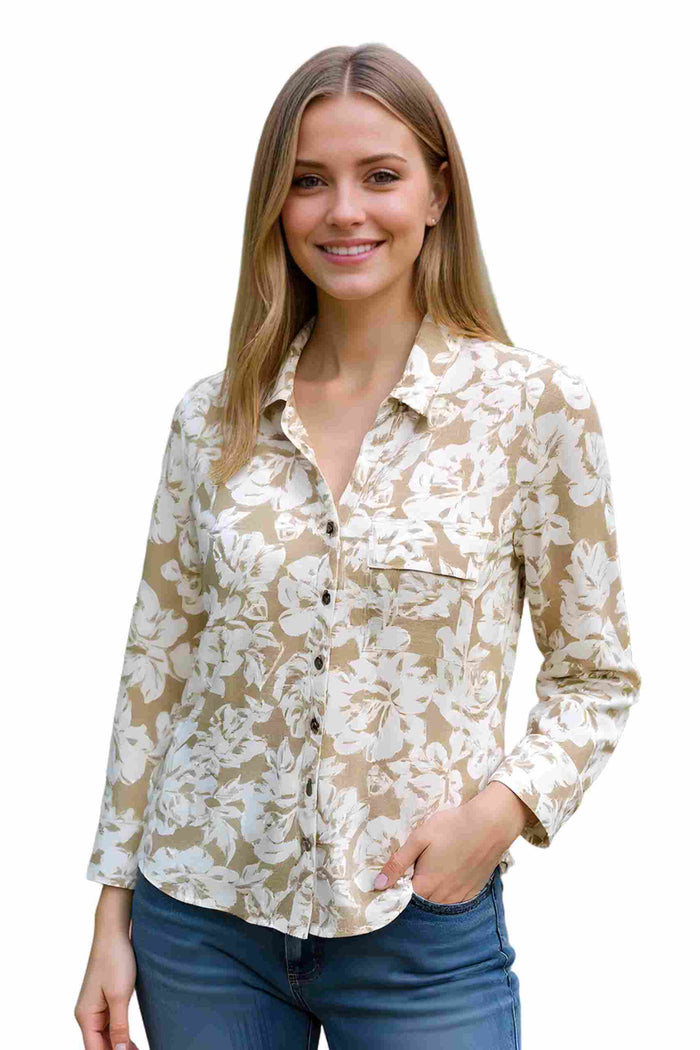 Women's Long Sleeves Textured Button Down Floral Top