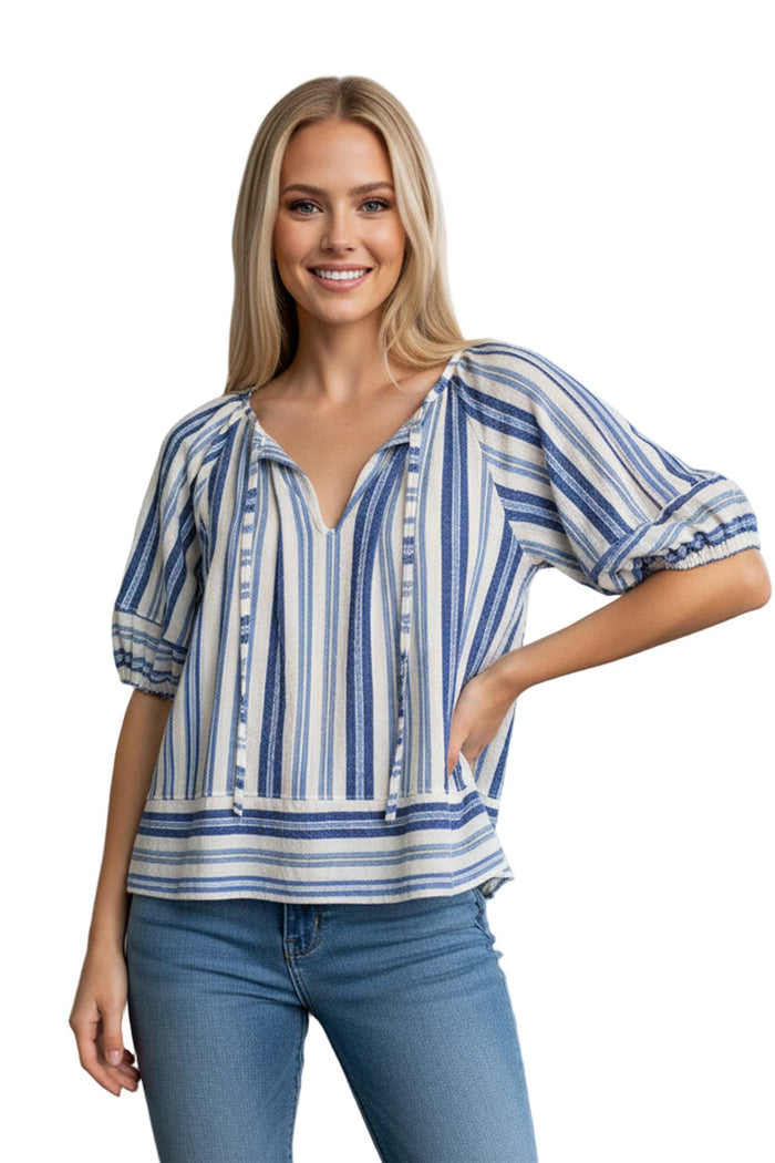 Women's Short Sleeve Split Tie Neck Textured Top