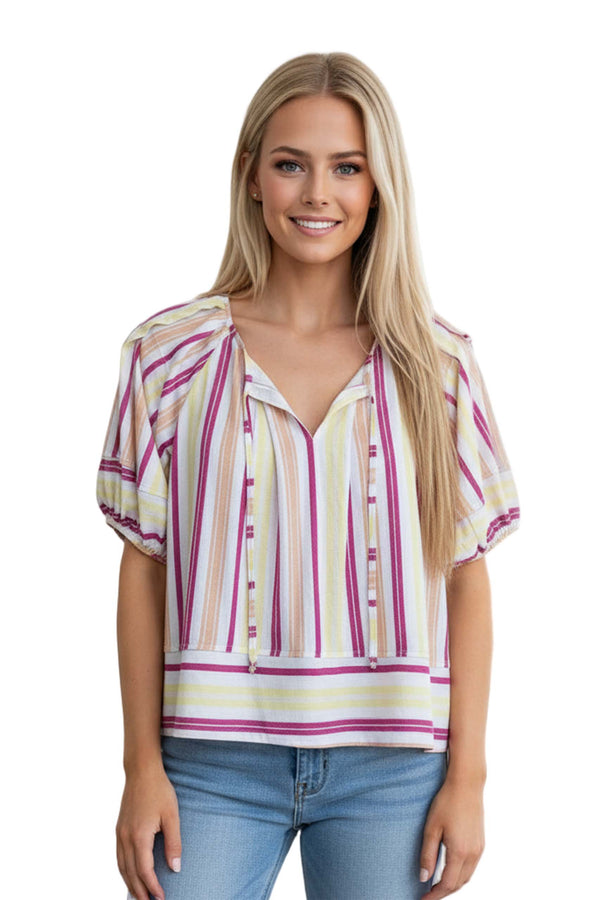 Women's Short Sleeve Split Tie Neck Textured Top