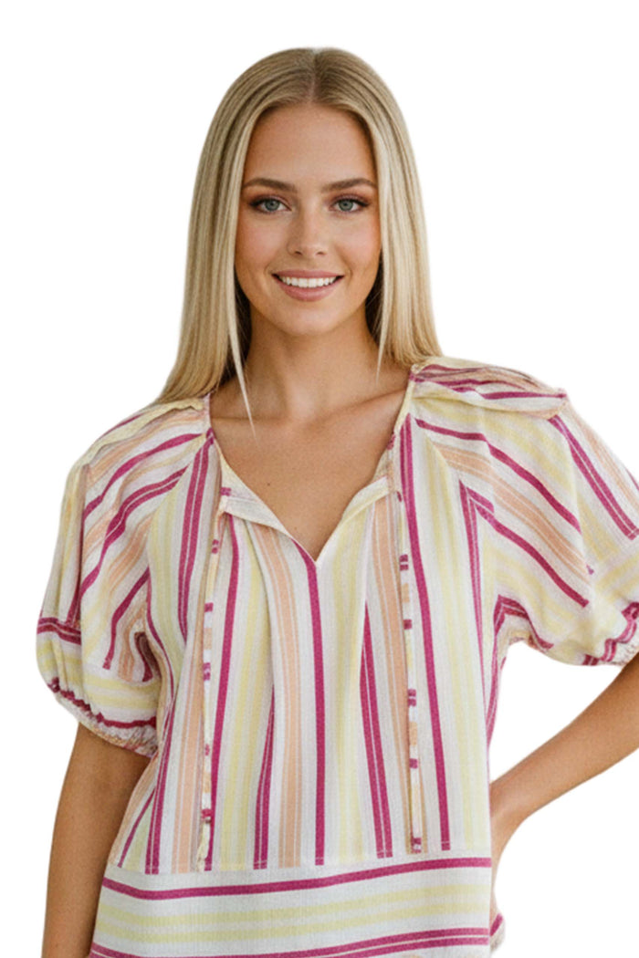 Women's Short Sleeve Split Tie Neck Textured Top