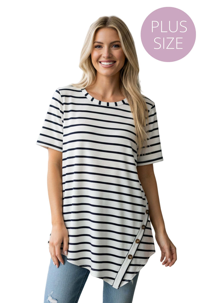 Women's Plus Short Sleeves Stripes Ribbed Tunic Top