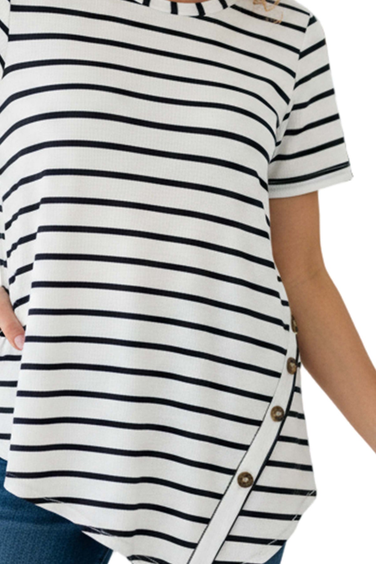 Women's Plus Short Sleeves Stripes Ribbed Tunic Top