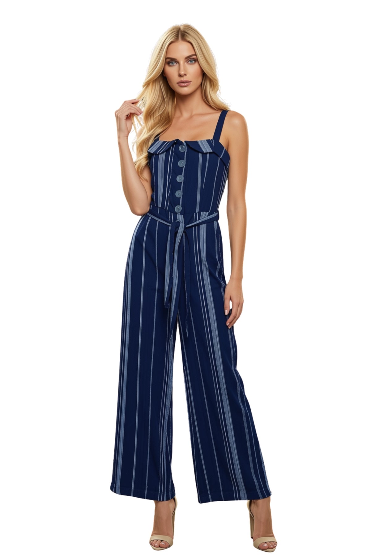 Women's Sleeveless Tie Waist Stripe Jumpsuit