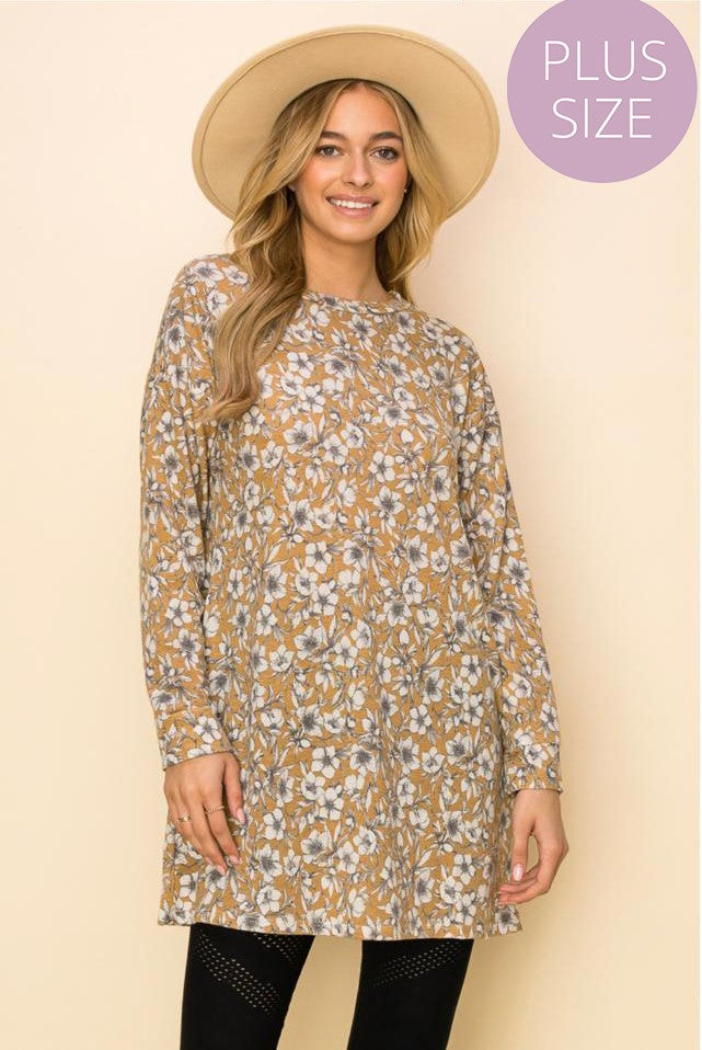 Women's Plus Long Sleeve Round Neck Floral Pocket Tunic Top