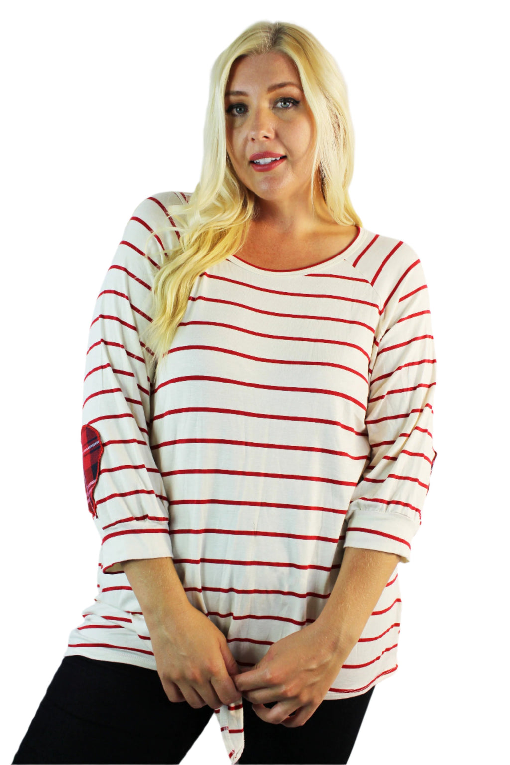 Women's Plus Size 3/4 Sleeve Red Stripes Tie Knot