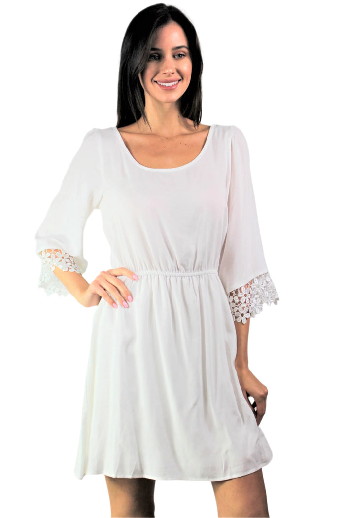 Women's 3/4 Sleeve Elastic Waist Crochet Detail Dress