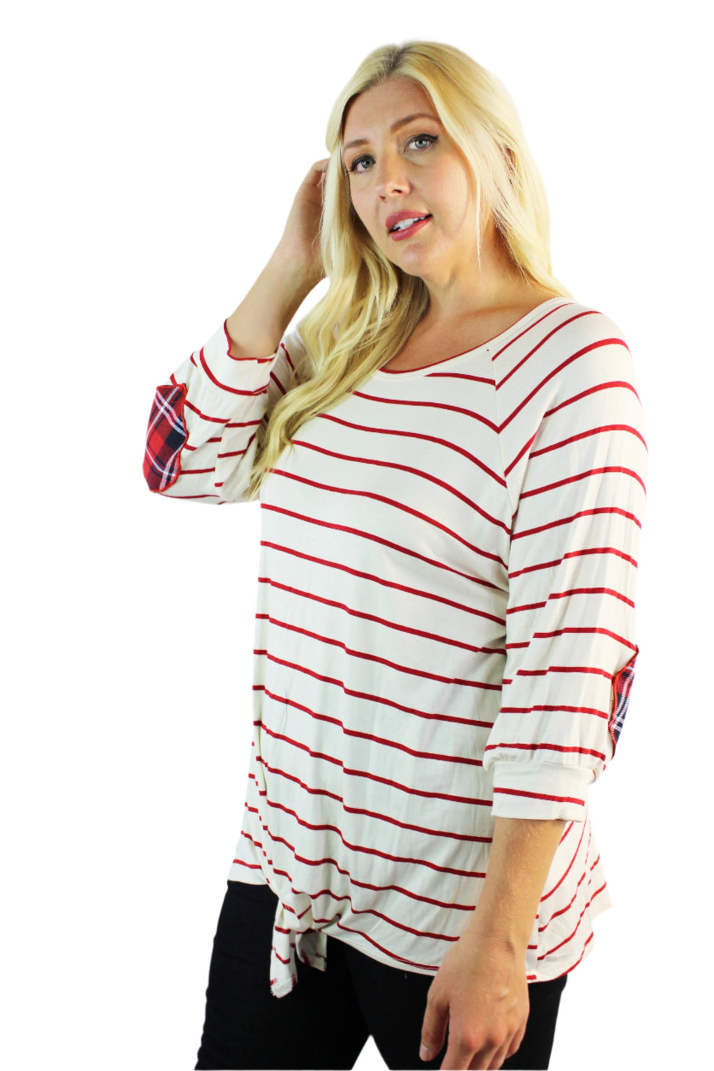 Women's Plus Size 3/4 Sleeve Red Stripes Tie Knot