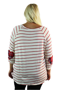 Women's Plus Size 3/4 Sleeve Red Stripes Tie Knot