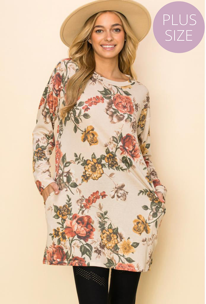 Women's Plus Long Sleeve Round Neck Floral Pocket Tunic Top