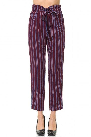 Women's Straight Cut Vertical Stripes Paper Bag Pants