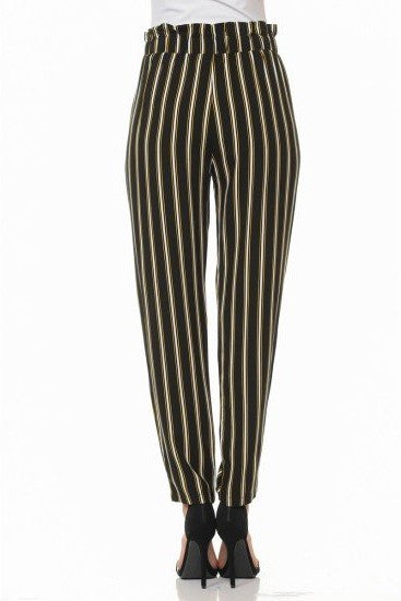 Women's Straight Cut Vertical Stripes Paper Bag Pants