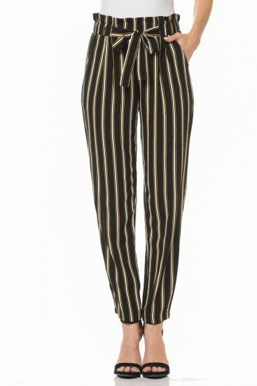 Women's Straight Cut Vertical Stripes Paper Bag Pants