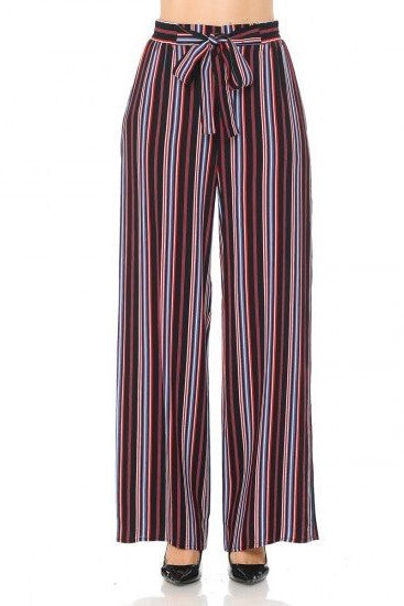 Women's Wide Hem Vertical Stripes Paper Bag Pants