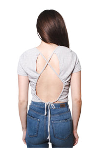 Women's Ribbed Round Neck Short Sleeves Lace-Up Back Cropped Top