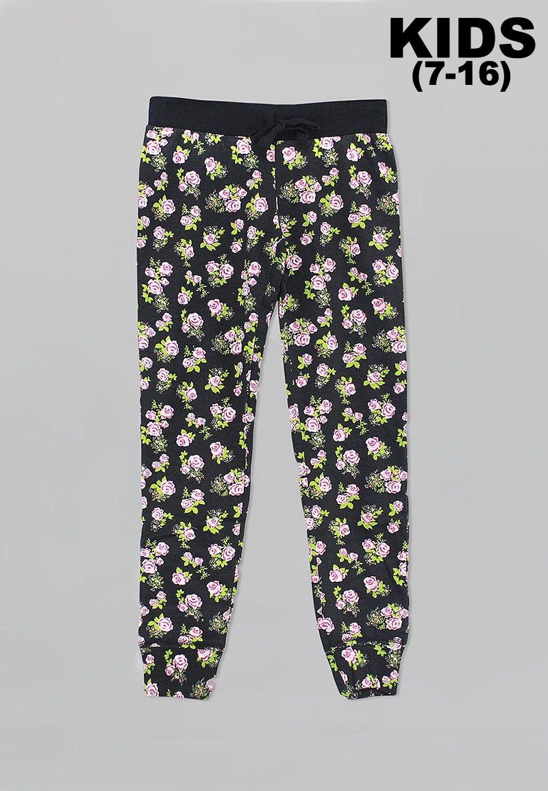 Girl's Black Floral Jogger Pants