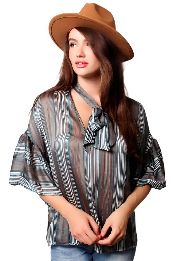 Women's Tiered Sleeve Tunic Top with Ribbon Choker