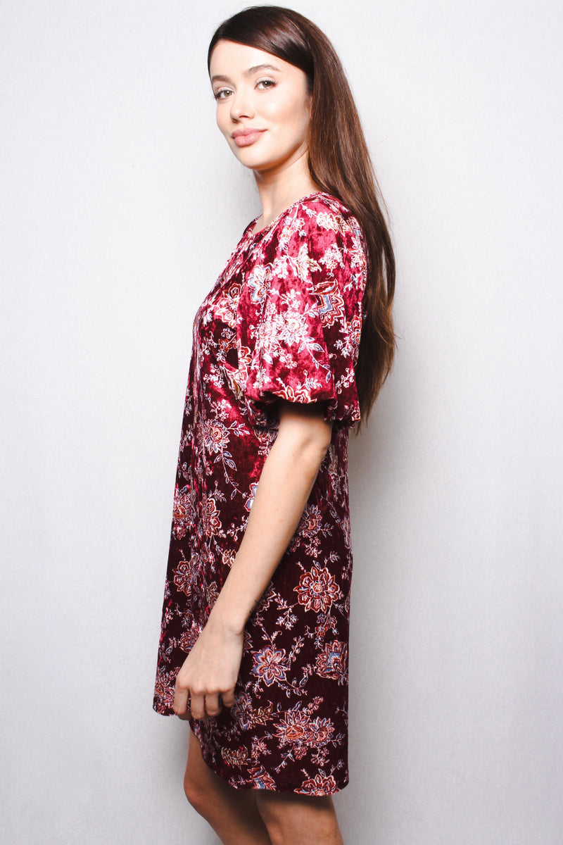 Women's Short Sleeve Crushed Velvet Floral Print Tunic Dress