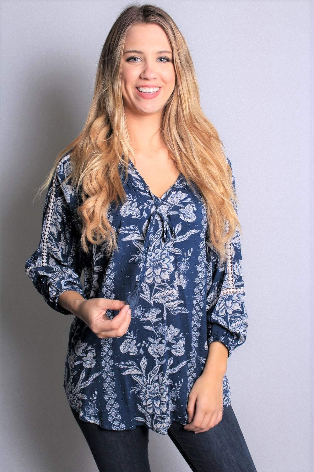 Women's 3/4th Sleeve Floral Top with String Detail