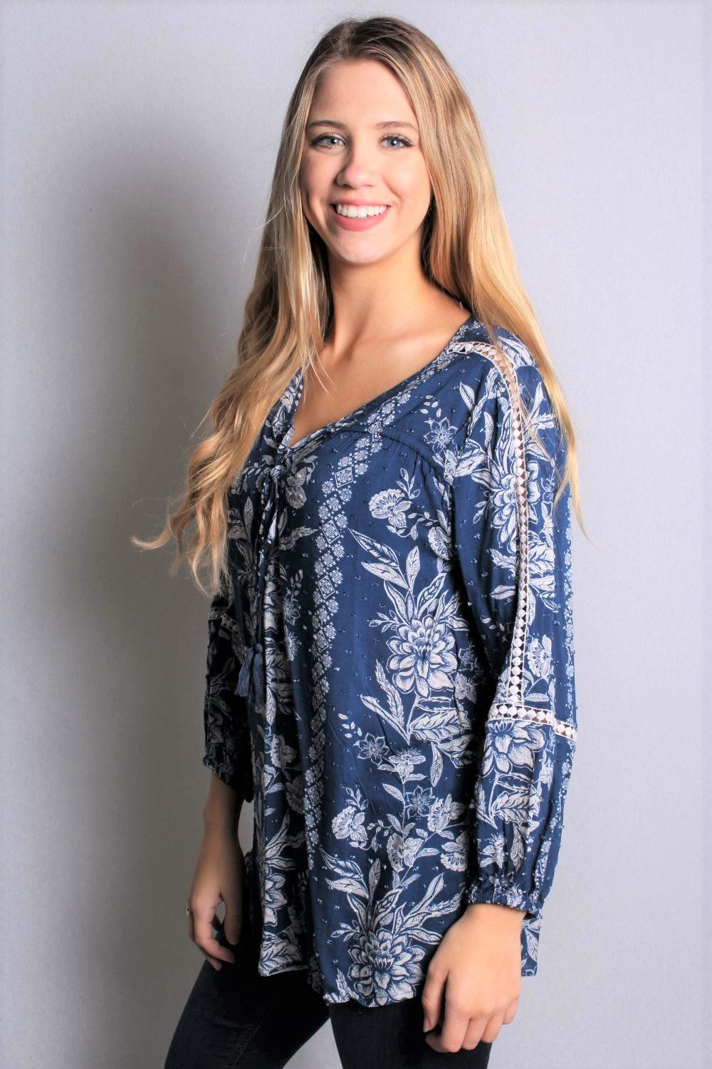 Women's 3/4th Sleeve Floral Top with String Detail