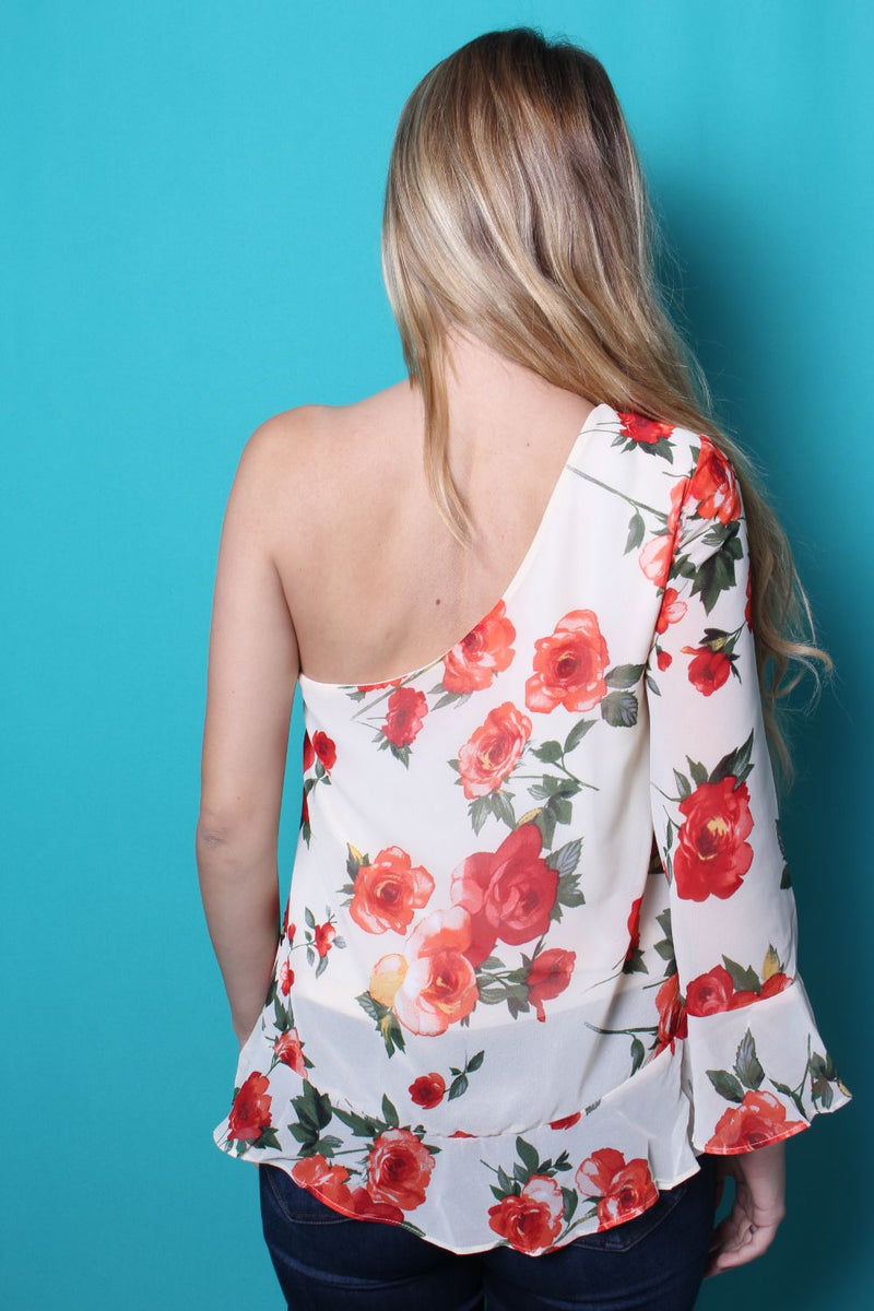 Women's One Shoulder Floral Ruffled Hem Top
